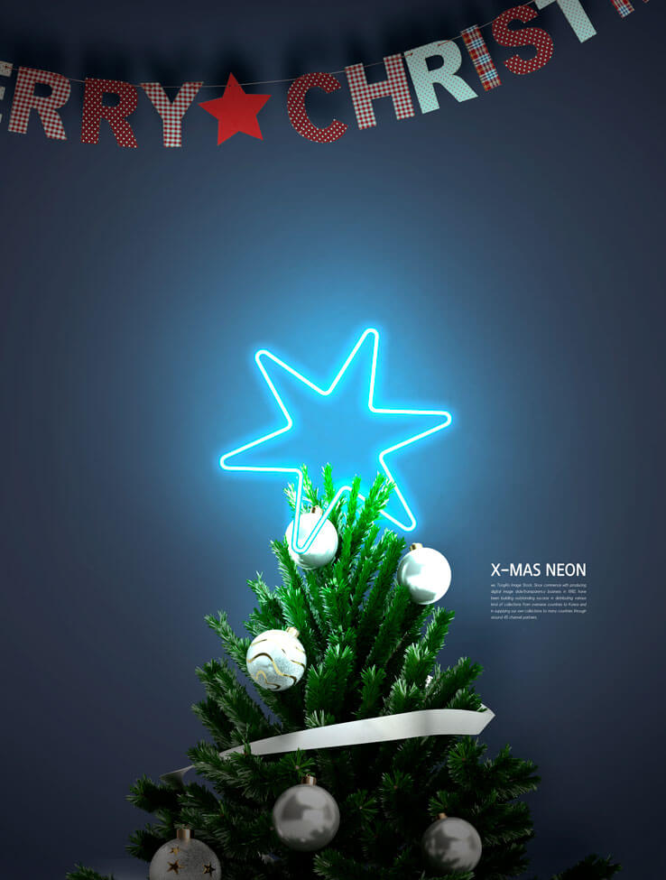 圣诞装饰六角星霓虹灯海报设计模板