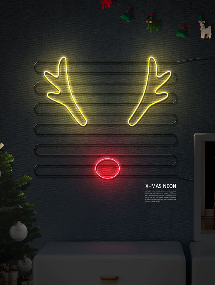 鹿角圣诞主题霓虹灯海报设计模板