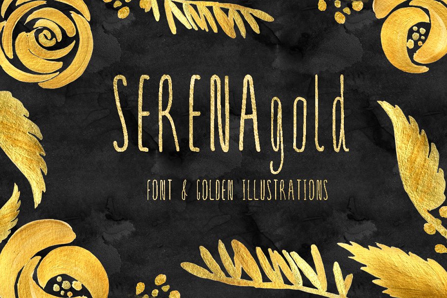 金色花卉字体设计素材 SERENA gold. Font & golden flowers.