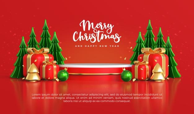 3D平台和圣诞树装饰品元素圣诞/新年素材[psd]