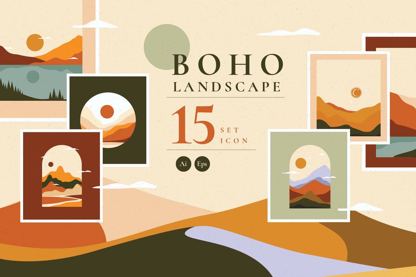 时尚高端清新简约优雅的波西米亚风景插画海报设计模板集合-AI，EPS