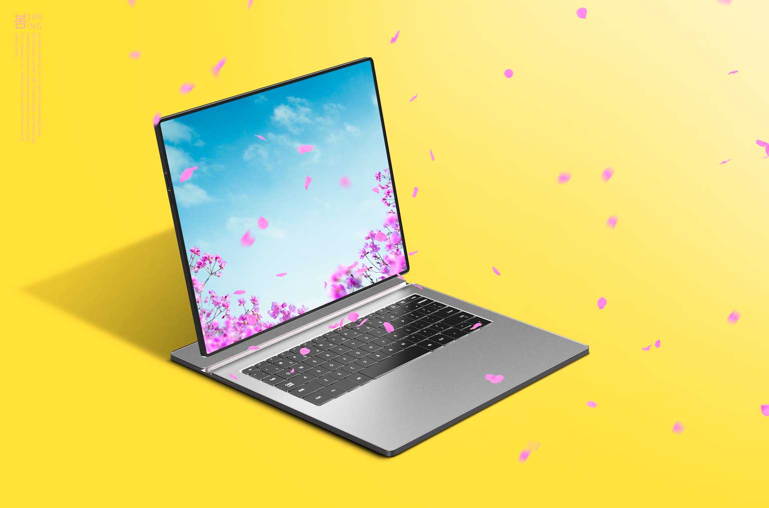 笔记本电脑花瓣飘落春天海报素材