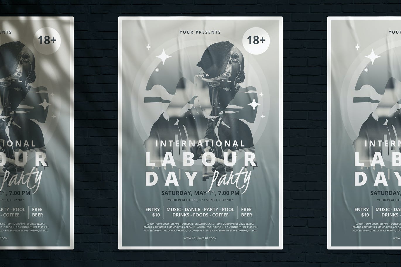 二次曝光风格的五一劳动节假日海报设计模板-AI，PSD