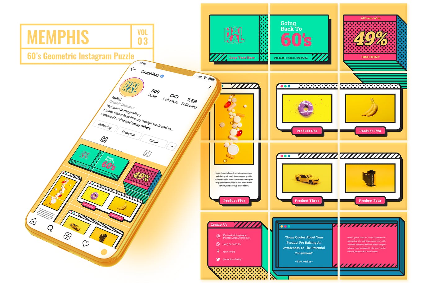 时尚高端90年代孟菲斯风格Instagram社交媒体banner海报设计模板-AI，EPS，PSD