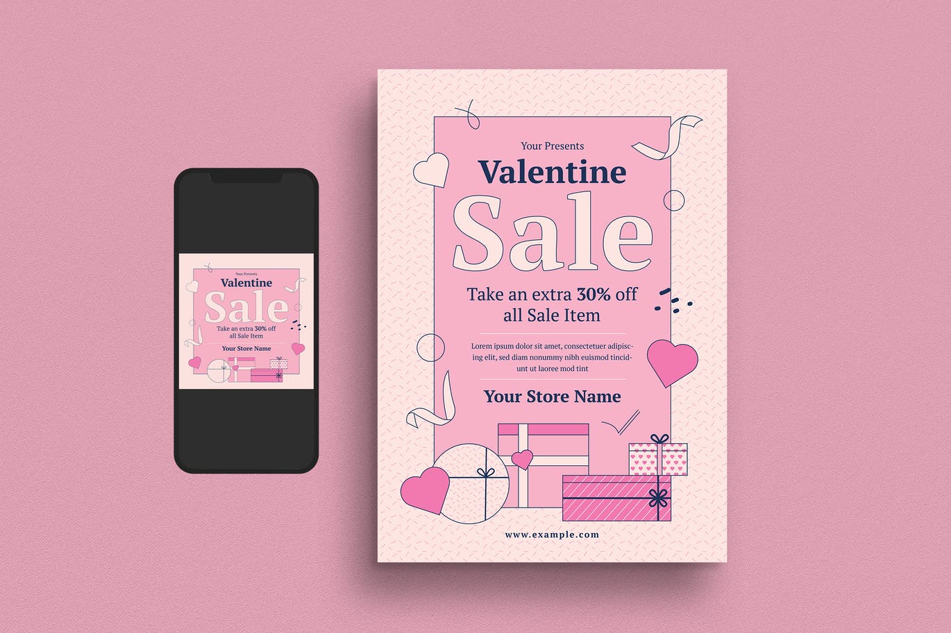 简约清新时尚高端情人节海报设计模板-AI，PSD