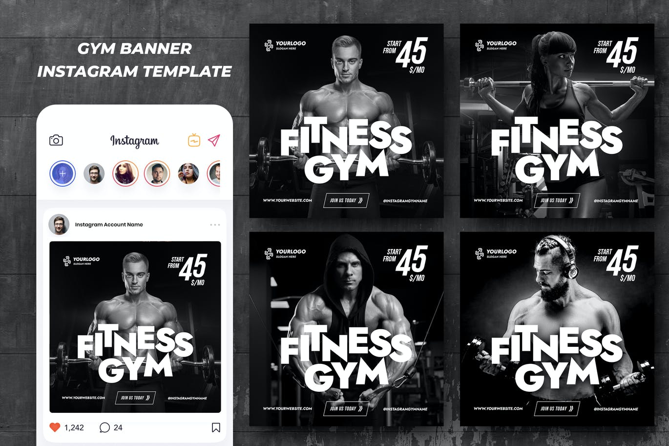 专业高端健身房Instagram社交媒体banner海报设计模板-PSD
