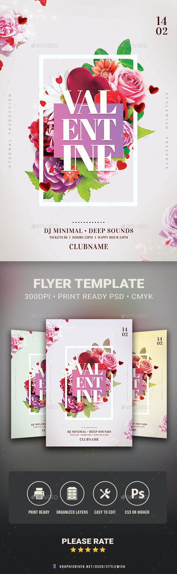 玫瑰花卉情人节活动邀请海报传单设计模板