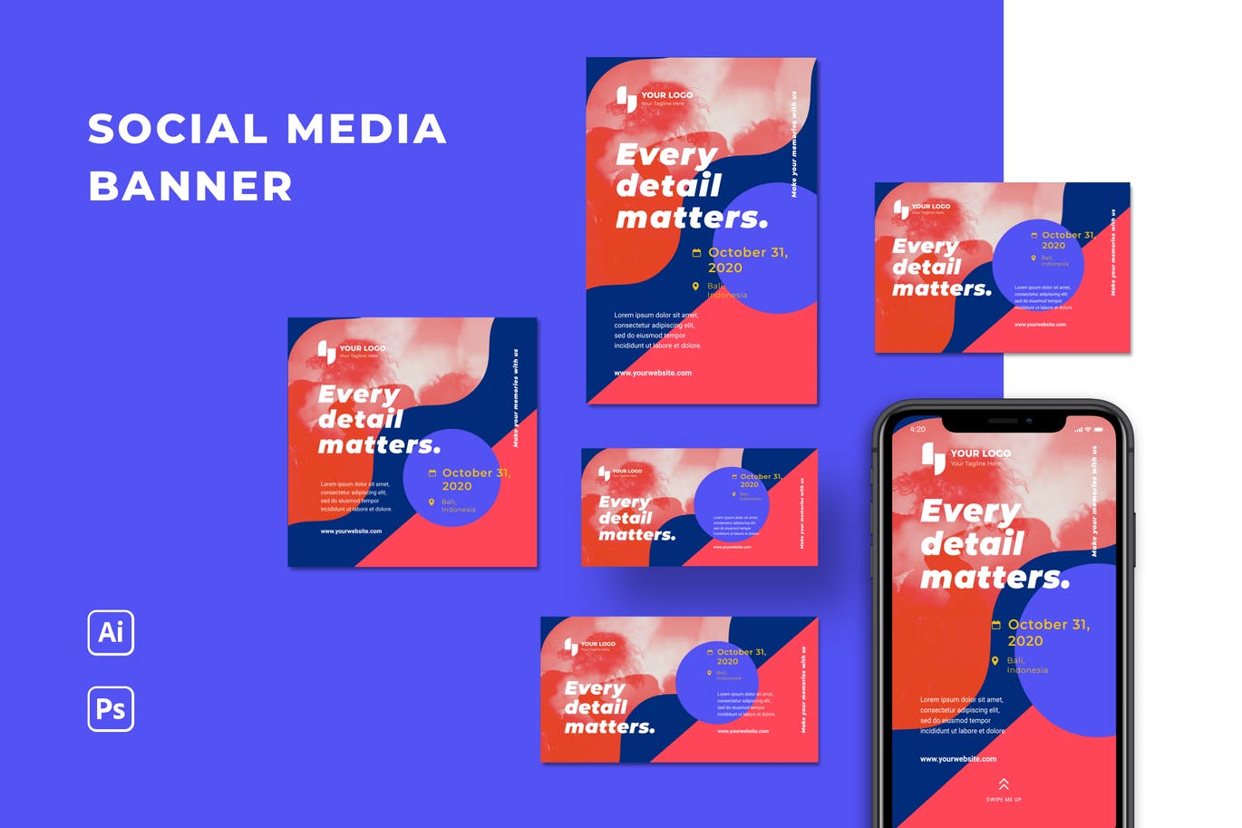 时尚高端艺术风格的多用途社交媒体banner海报设计模板集合-AI，PSD