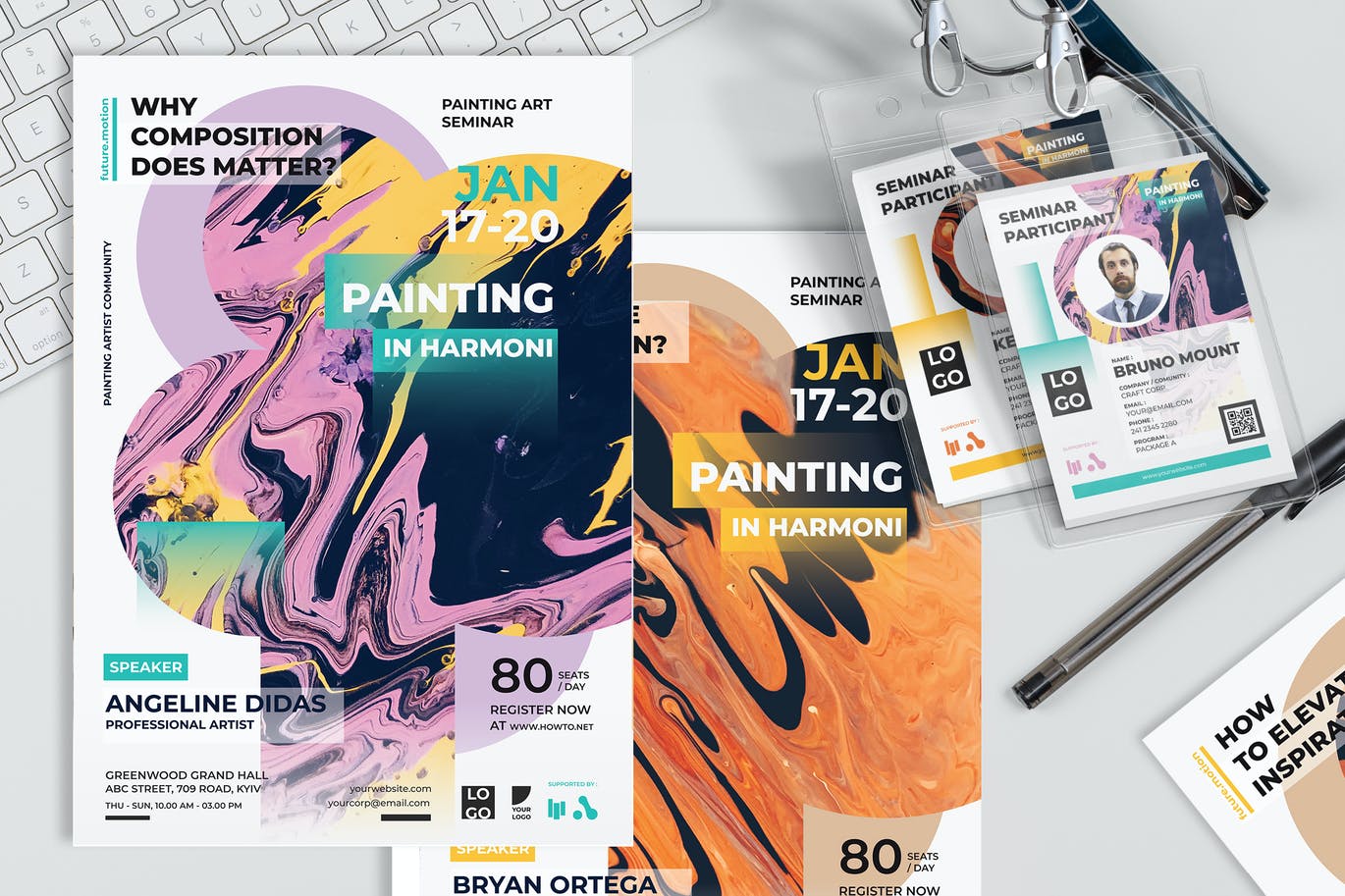 时尚艺术绘画风格的研讨会讲座展览会博览会身份证名片铭牌吊牌设计模板-AI，EPS