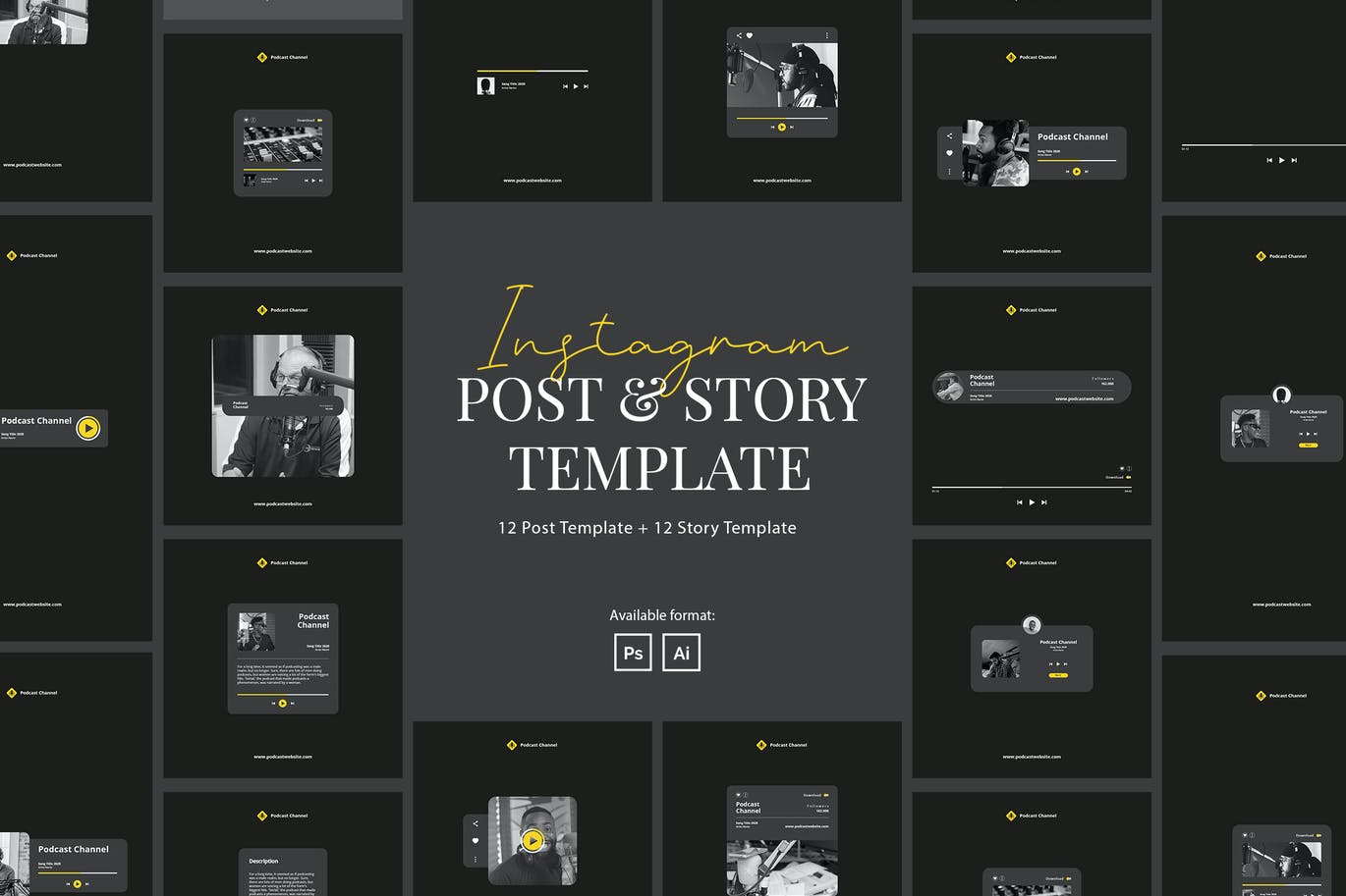 时尚高端主播直播播放器风格的Instagram社交媒体banner海报集合-AI，PSD