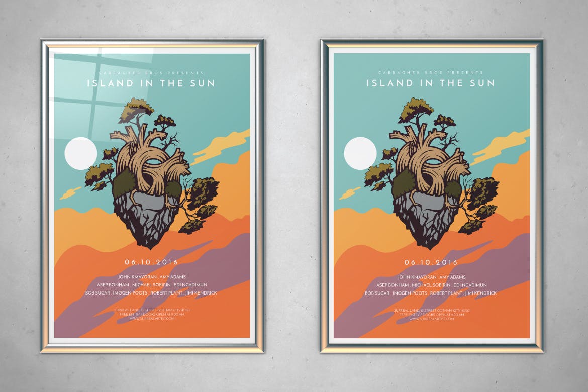 时尚高端个性创意心脏正负形太阳下​​的岛插图传单海报设计设计模板-AI，PSD