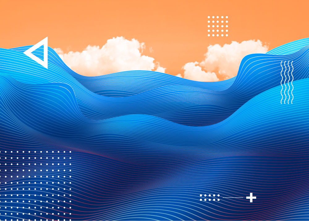 蓝色条纹波浪大海概念海报设计模板