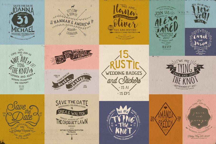 经典logo设计纹理 15 Rustic Wedding Badges & Stickers