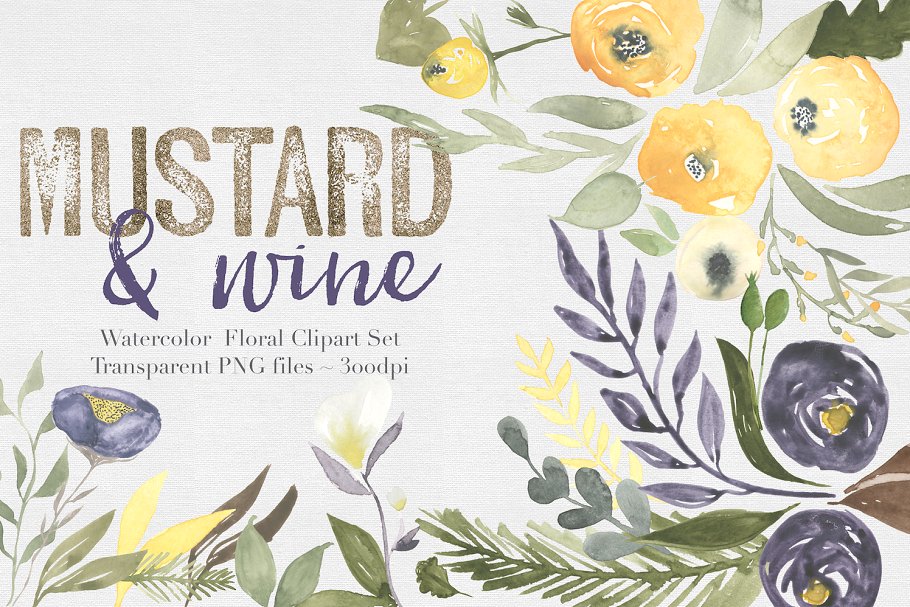 芥末水彩花卉logo设计剪贴画集 Mustard & wine Floral Clipart Set