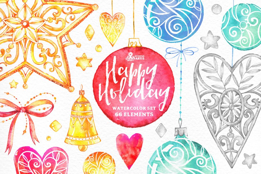 假日手绘水彩元素 Happy Holiday