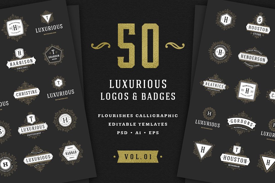 50个奢侈风格的logo图形素材模板 50 Luxurious logos & badges
