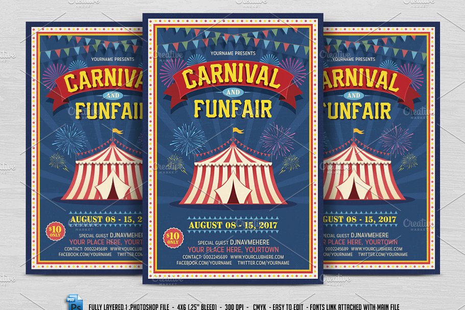 复古马戏团海报模板 Carnival & Fun Fair Flyer