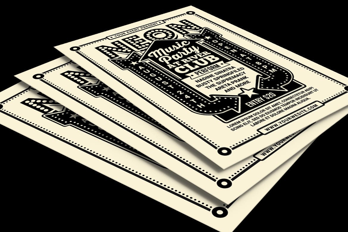 简约扁平化风格的复古霓虹音乐派对party海报宣传单DM设计模板