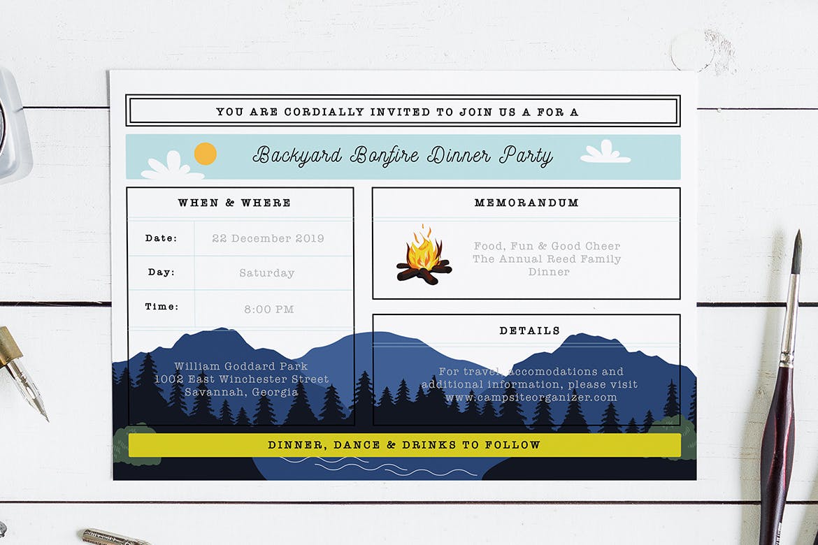 简约时尚个性的篝火宛燕party派对邀请函海报设计模板