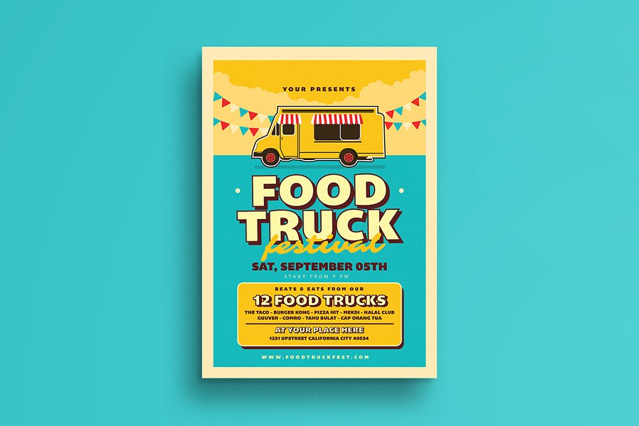 复古食品卡车活动传单模板 Retro Food Truck Event Flyer