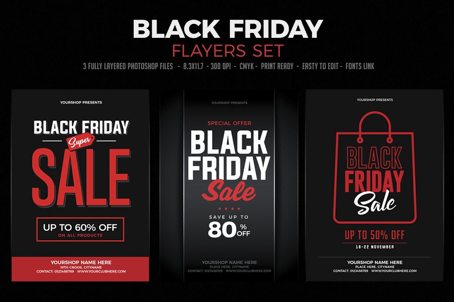 黑色星期五促销传单模板 Black Friday Sale Flyer Set