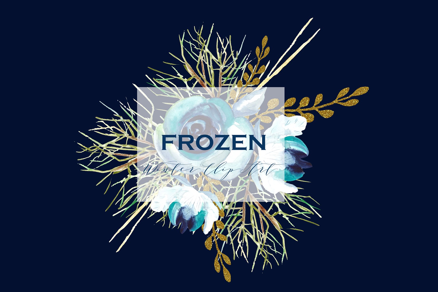 冰冻冬季主题的水彩画素材 Frozen. Glitter watercolor Clipart.