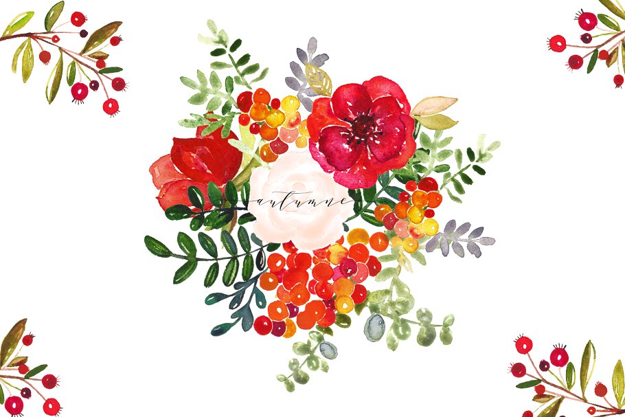 秋季水彩花卉图标 Autumn. Watercolor clip art.
