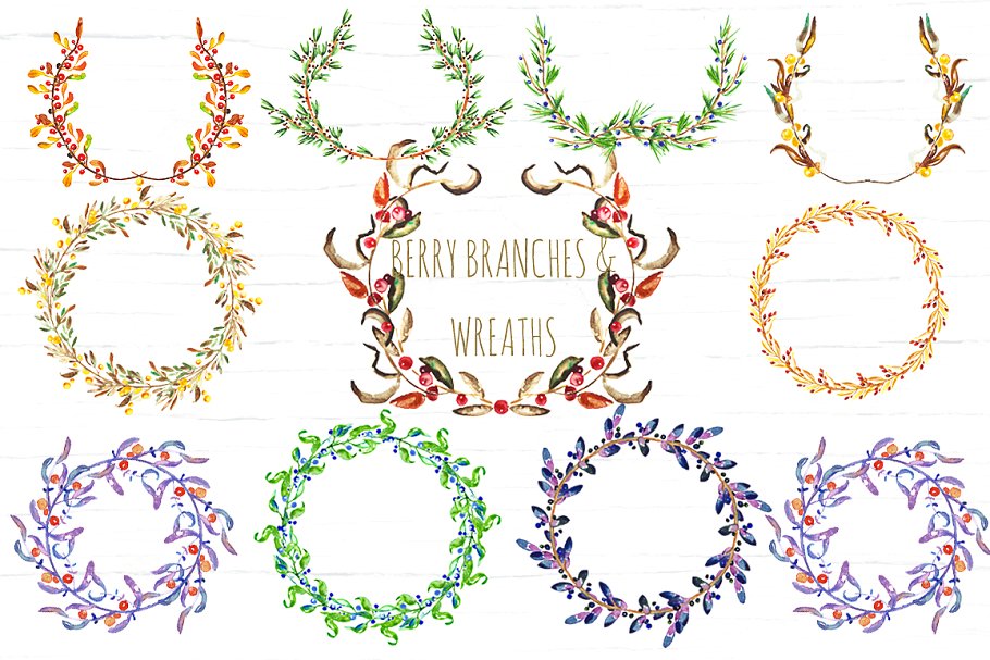 浆果花圈图形素材 Berry Wreaths and branches clipart