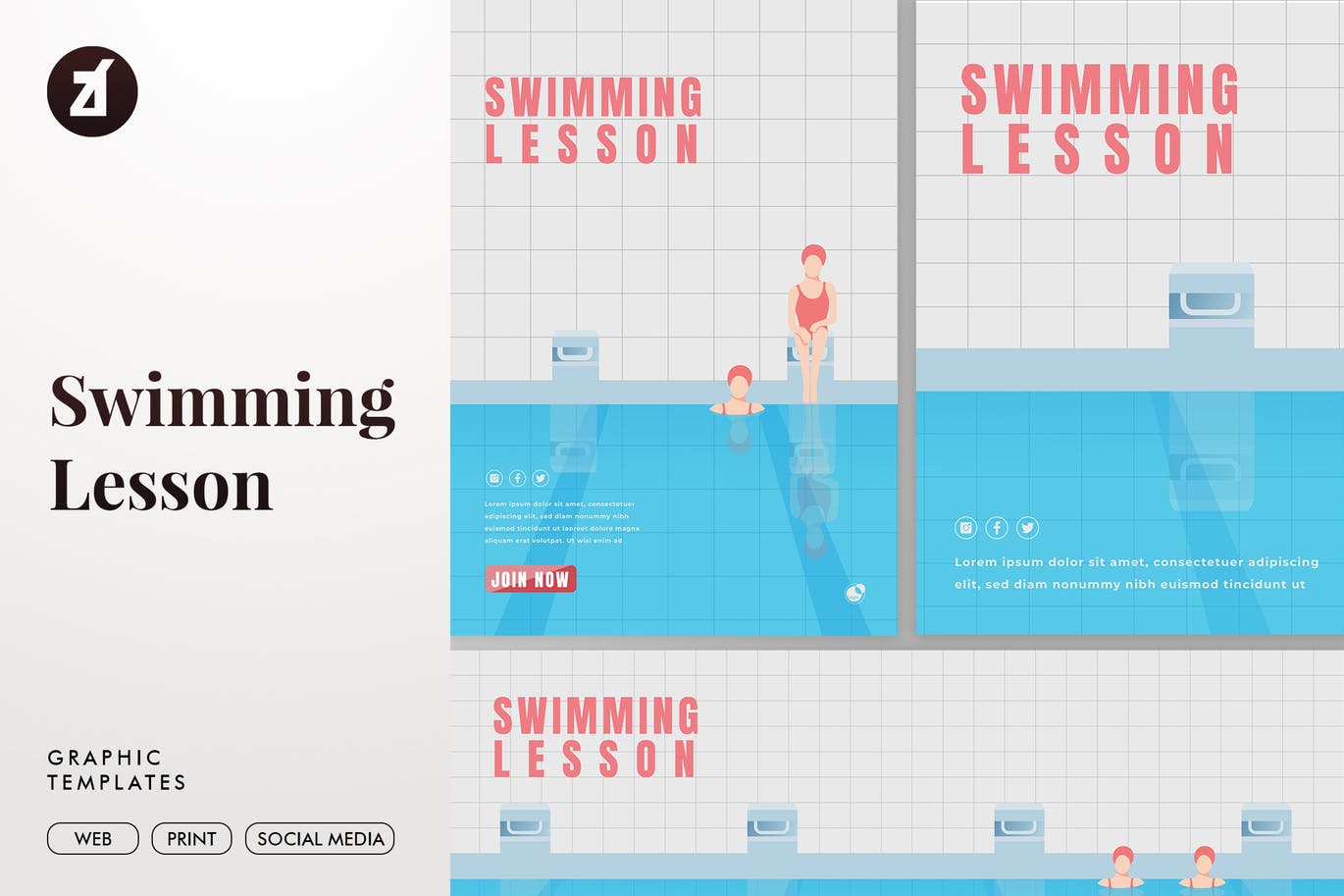 高端时尚清新的扁平化风格的游泳课海报背景海报设计模板宣传单模板