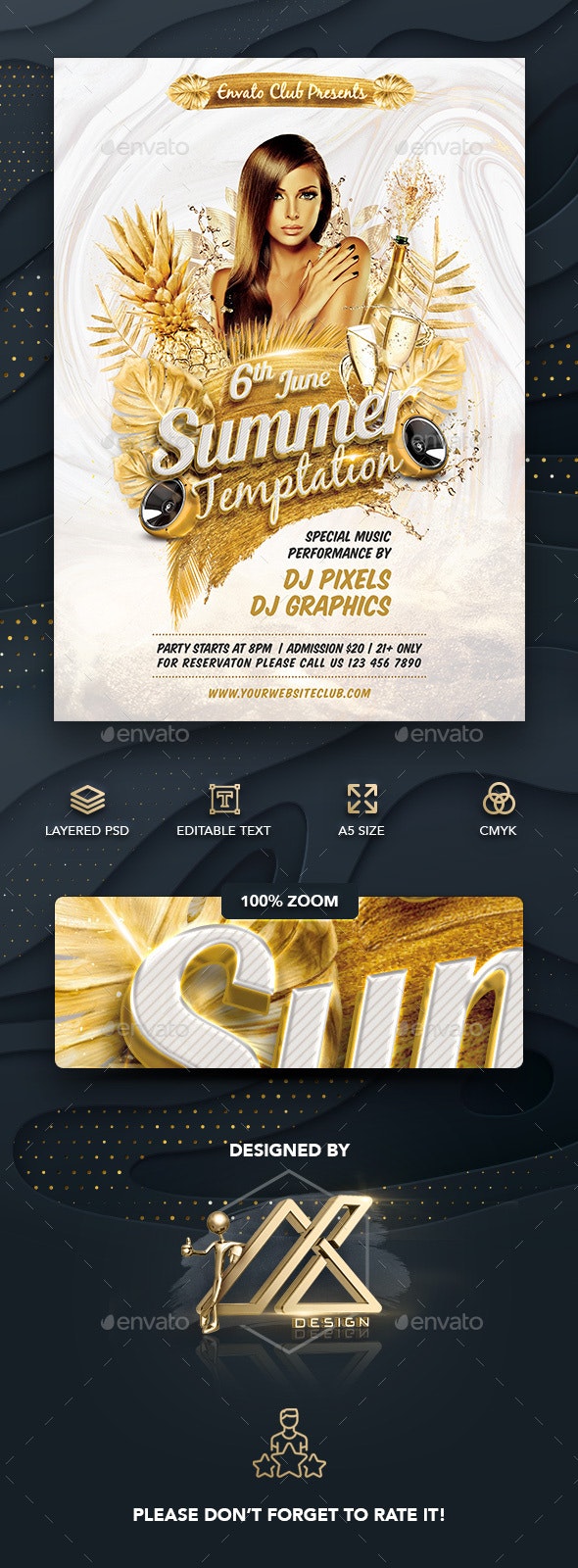 夏日性感诱惑比基尼派对香槟色传单设计模板