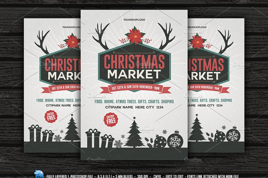 圣诞节素材海报设计插画 Christmas Market Flyer