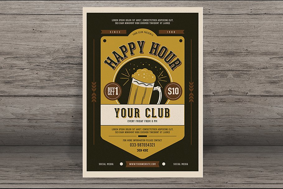 经典啤酒宣传海报促销模板 Vintage Happy Hour Beer Promotion