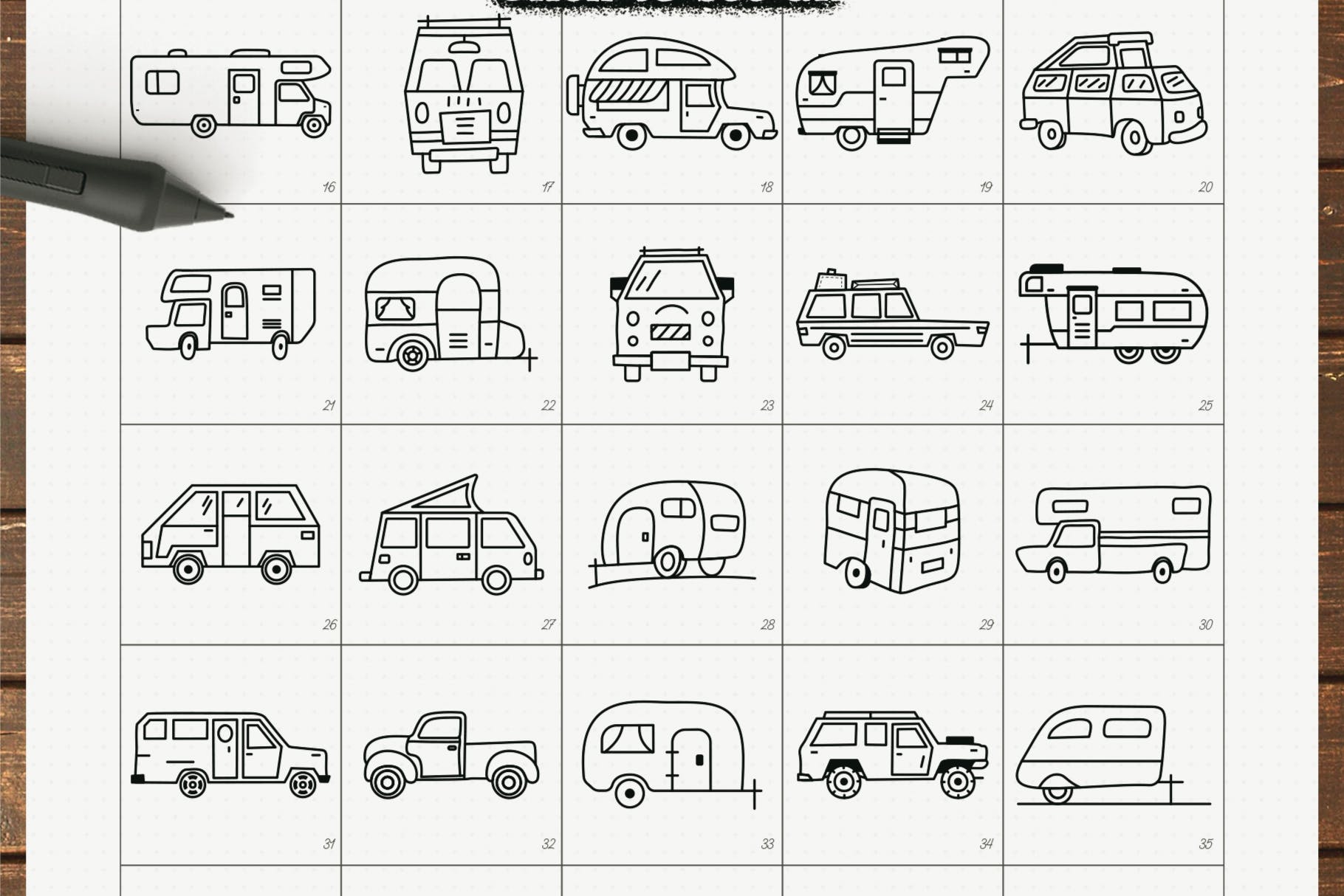 RV拖车图标设置线条艺术图形符号