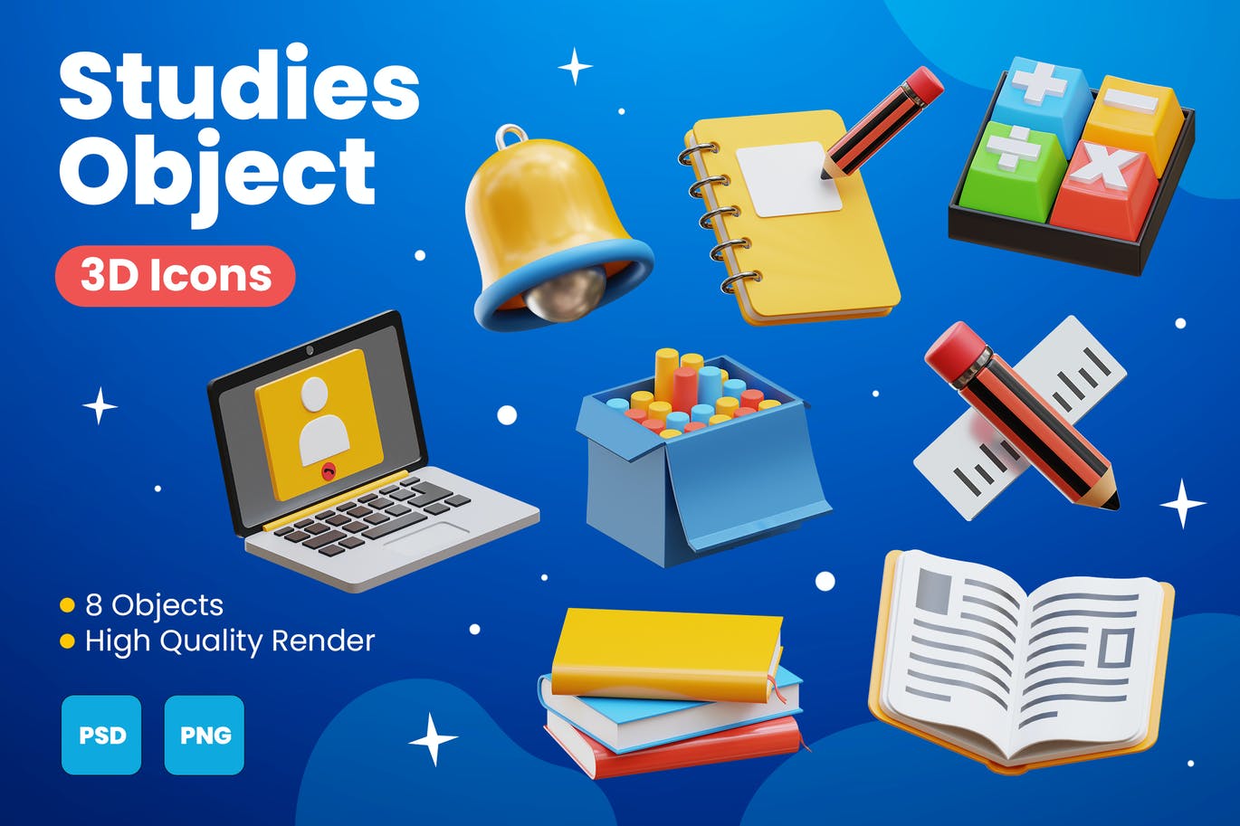 8个学习工具3D概念模型插画