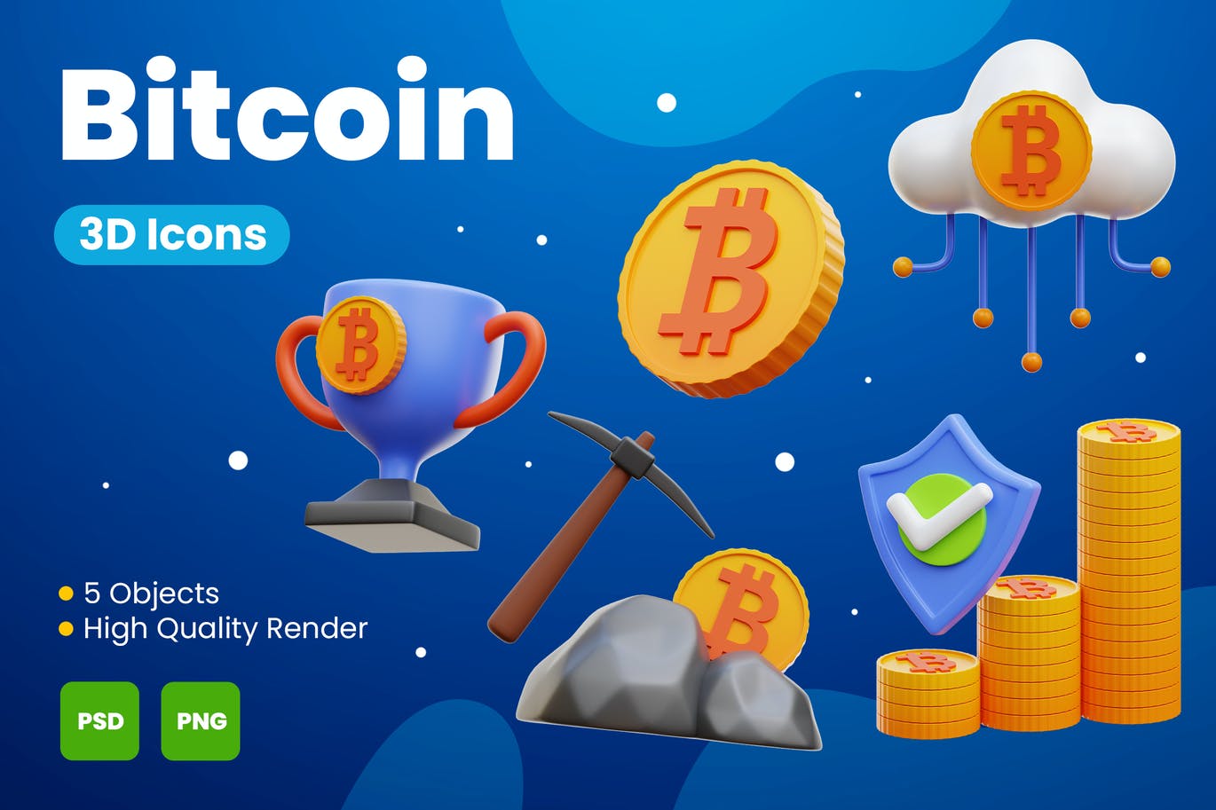 5个比特币3D概念模型插画