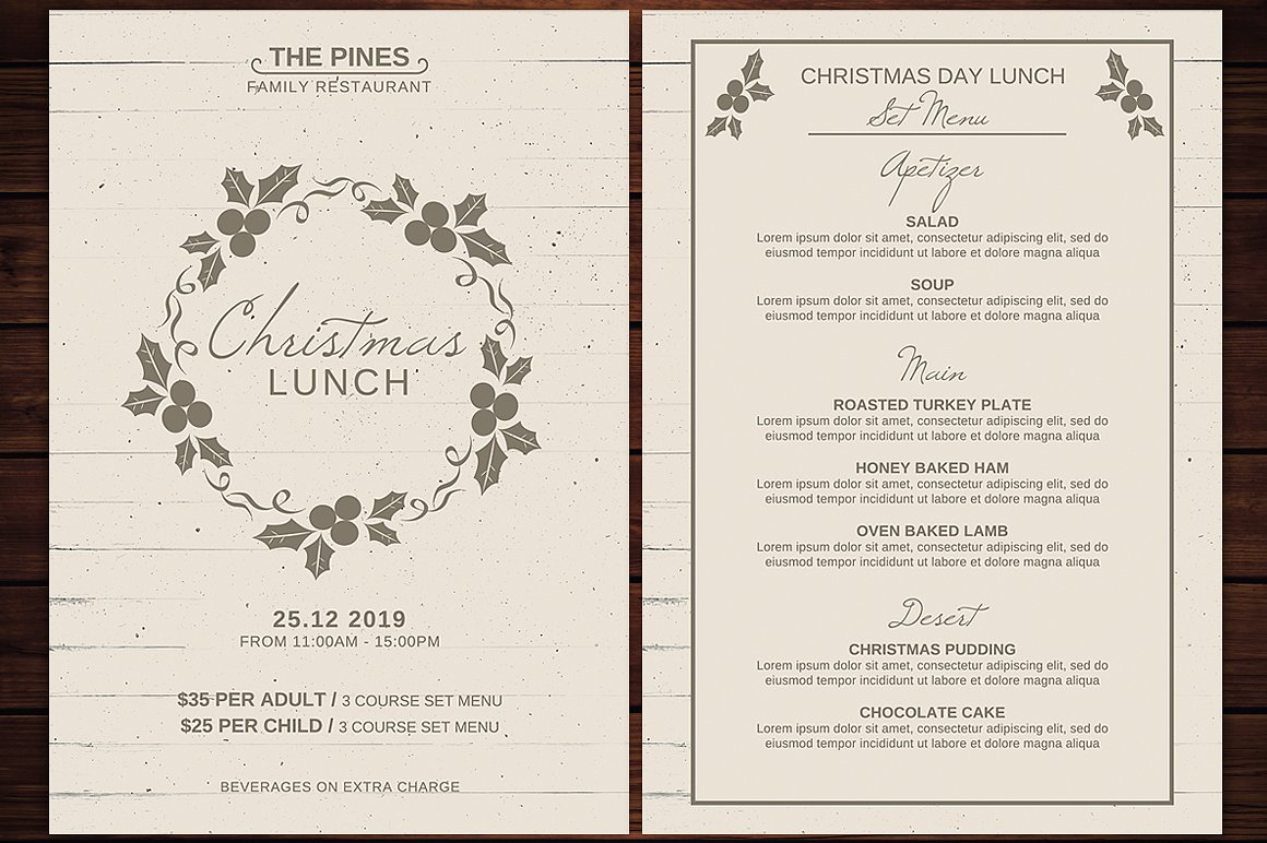 怀旧圣诞节菜单传单模板 Christmas Menu Flyer Template