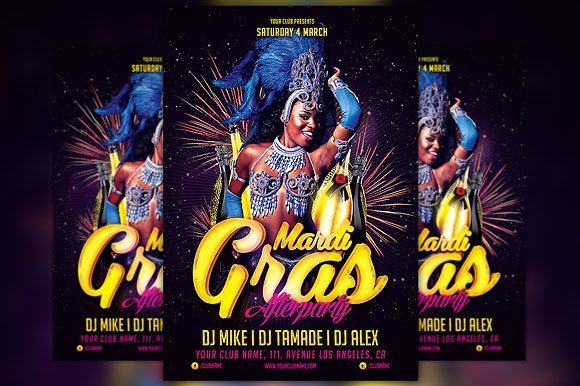 人物演出宣传海报模板 Mardi Gras Afterparty Flyer Template