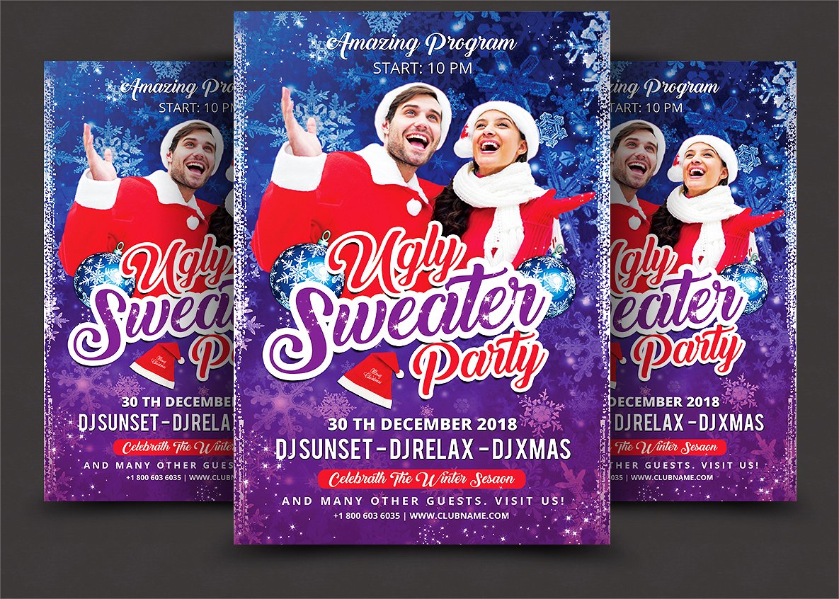 圣诞节海报背景模板 Ugly Christmas Sweater Party Flyer