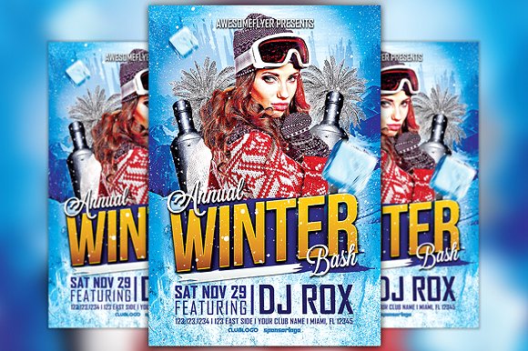 冬季人物促销海报设计模板 Annual Winter Bash Flyer Template