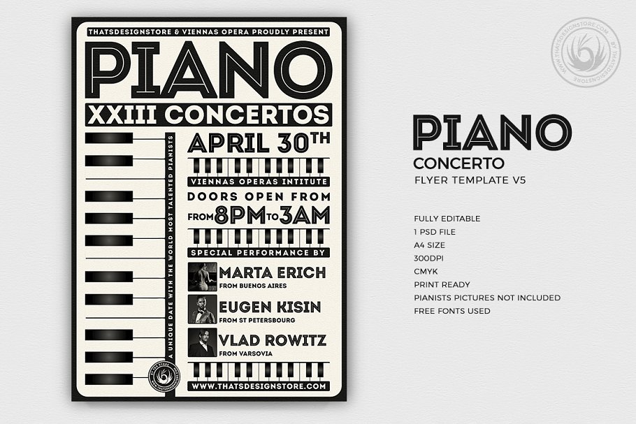 复古钢琴海报制作模板 Piano Concerto Flyer PSD V5