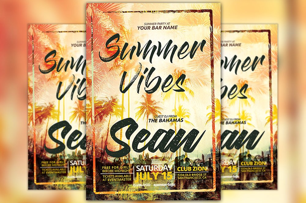 夏季元素活动海报设计模板 Summer Vibes Flyer Template