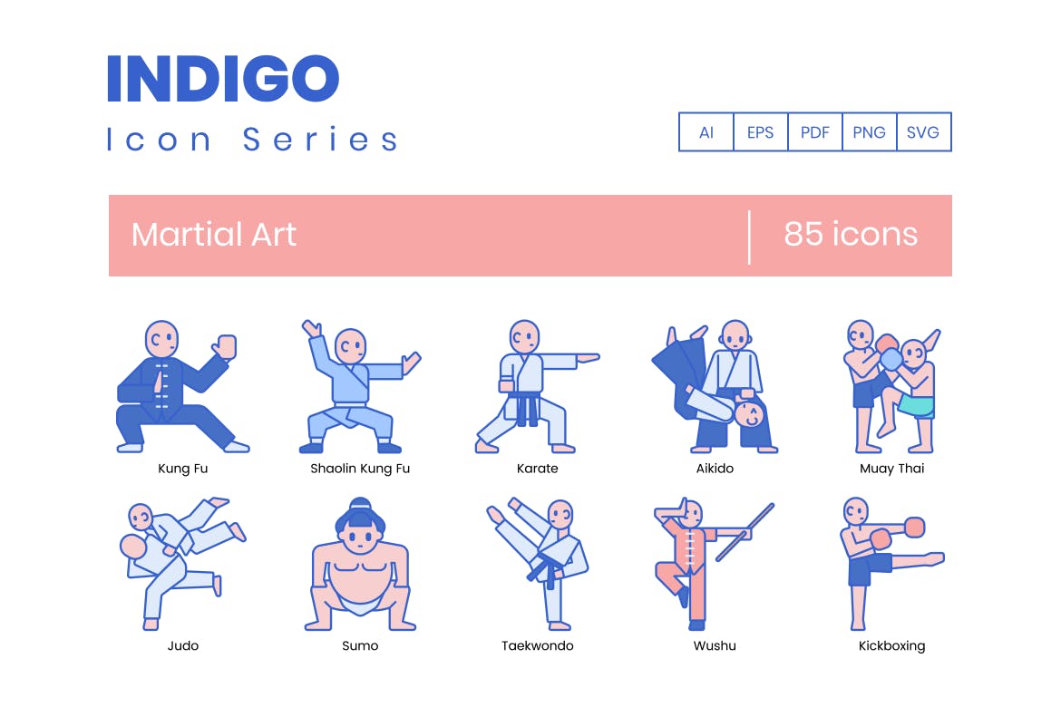 85个湛蓝配色的高品质武术运动图标icon大集合（AI，EPS，PDF，PNG，SVG）