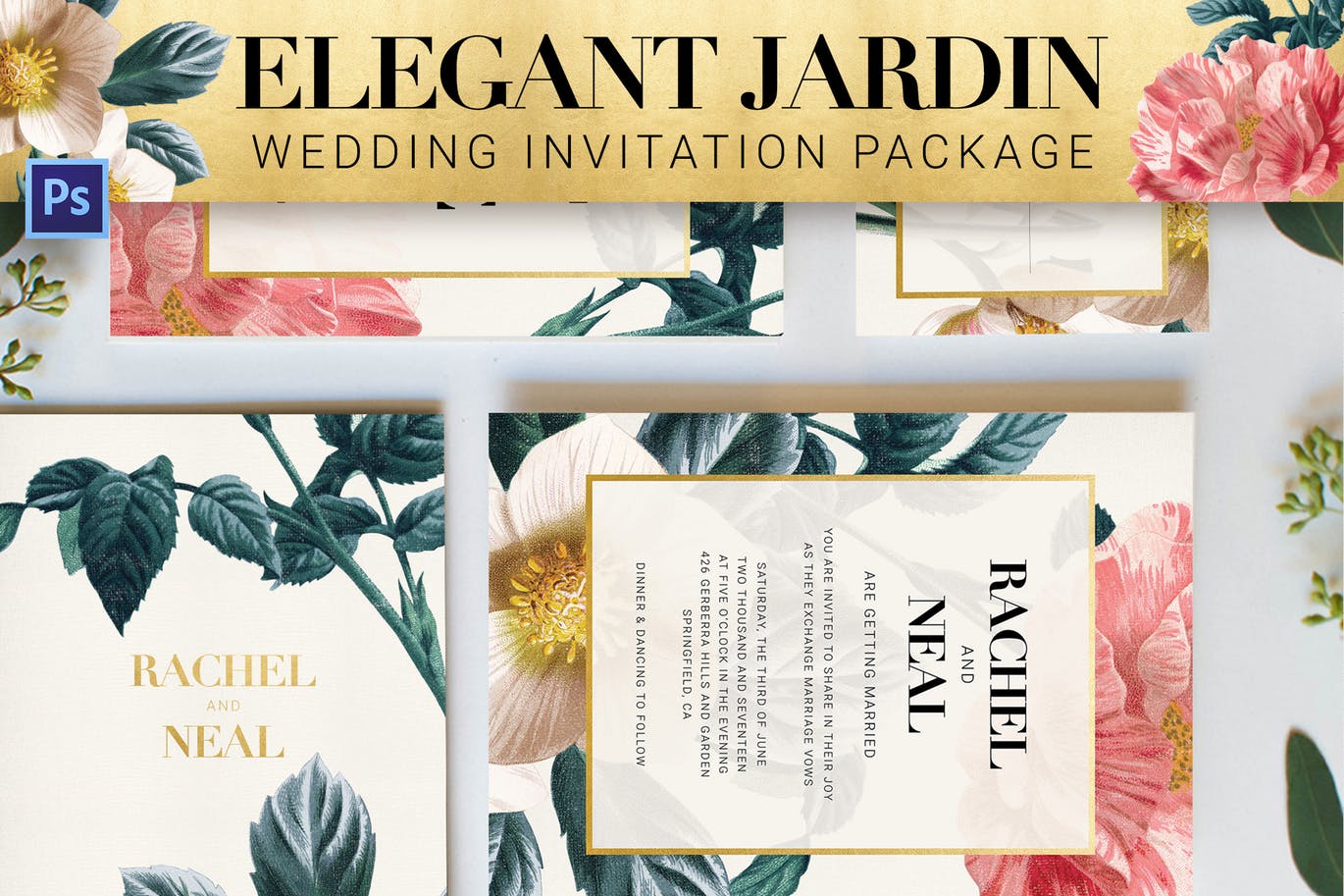 优雅时尚高端多用途的高品质欧式房地产花朵花纹植物海报邀请函宣传单DM设计模板