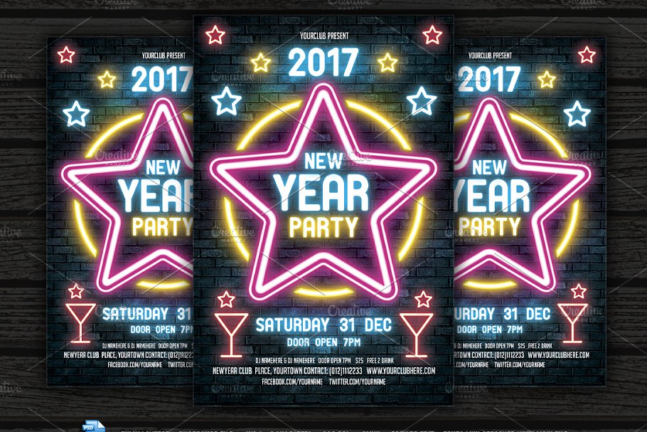 霓虹灯新年海报制作模板 Neon New Year Party Flyer