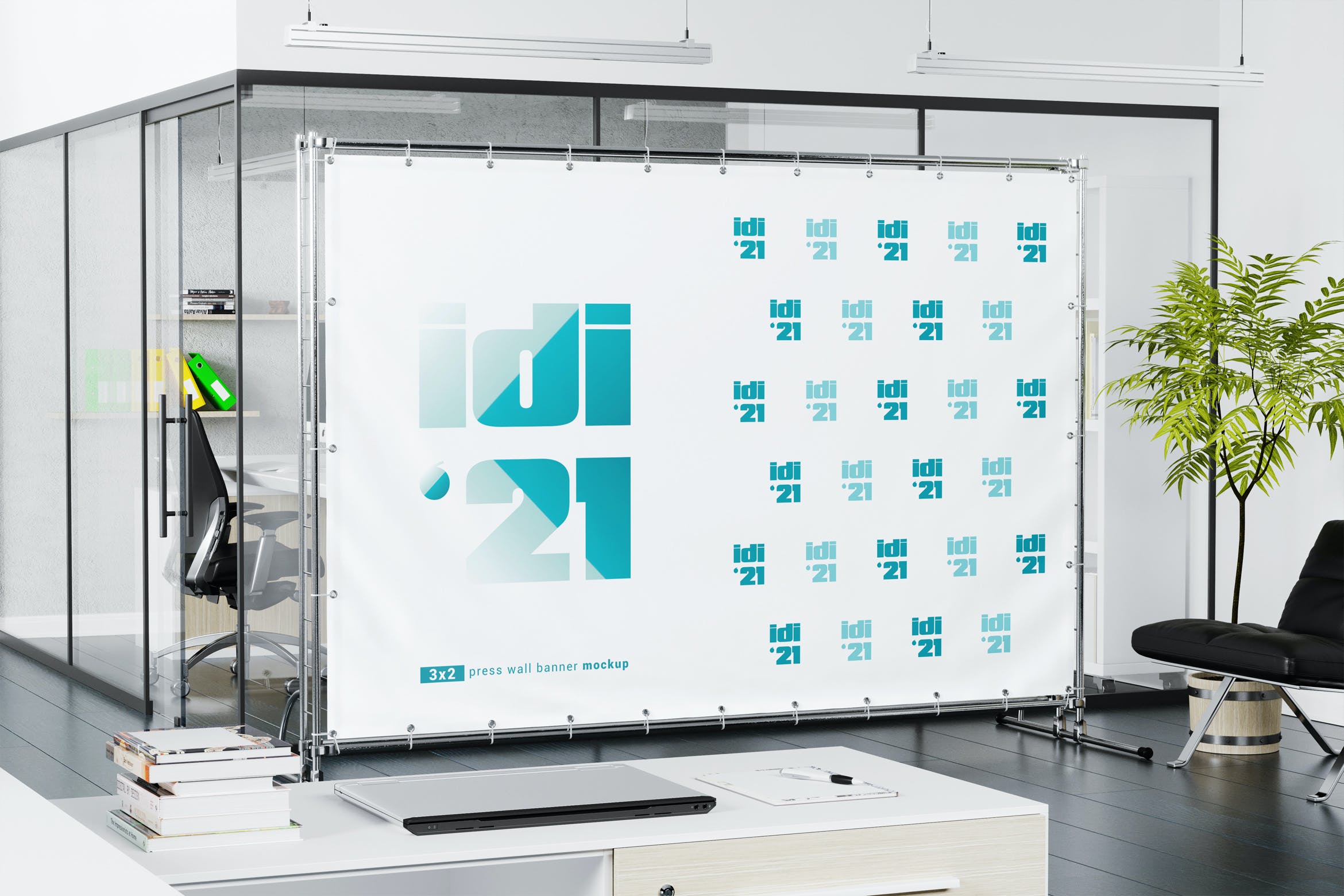 办公室铁架白板墙Banner样机素材 Press Wall Banner In Office Interior Mockup