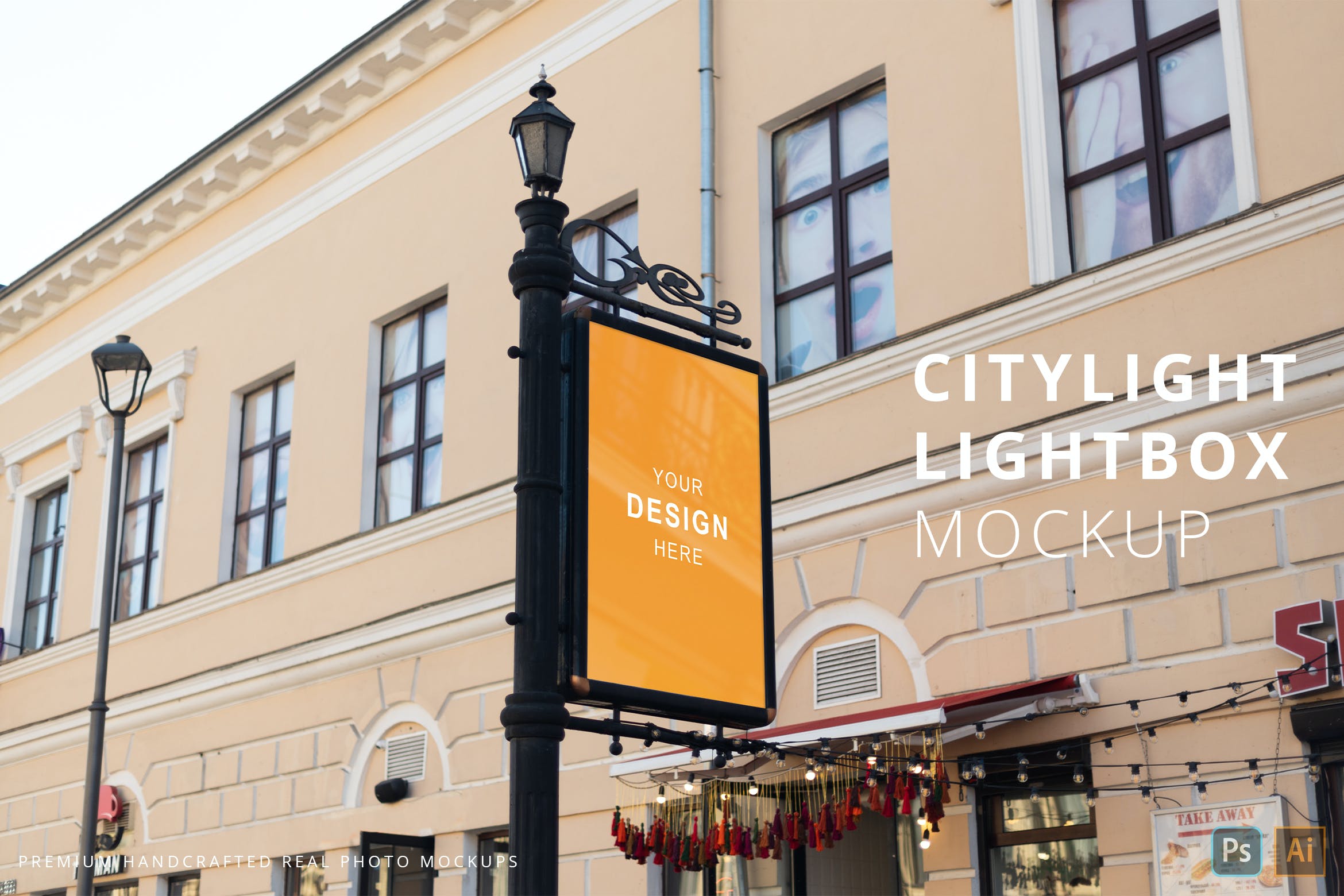 城市街道路灯灯箱广告海报样机素材 Citylight / Lightbox Poster Retro Street Mockup