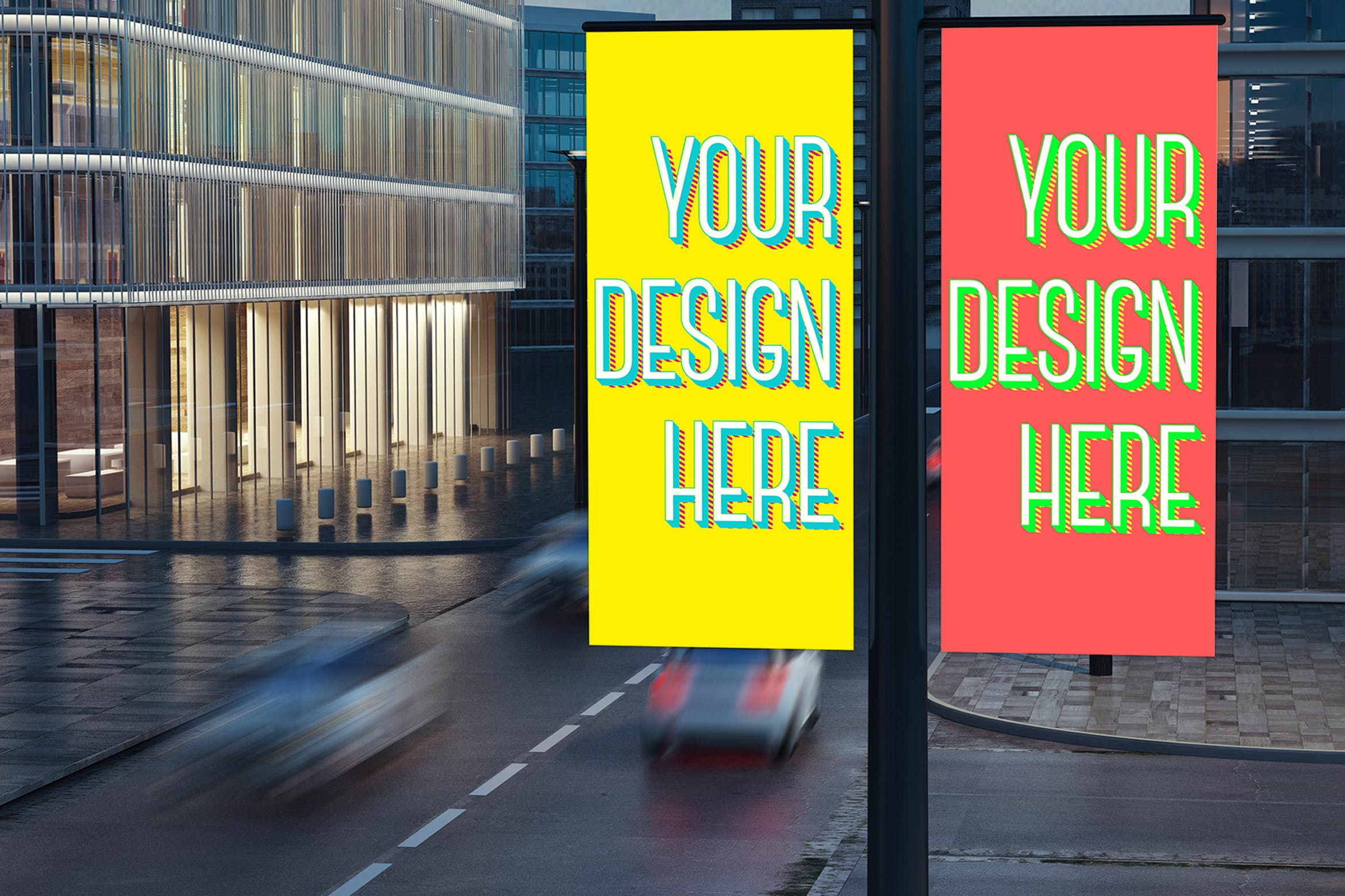 两个灯柱广告Banner横幅样机素材 Two advertising banners on lampposts Mockup