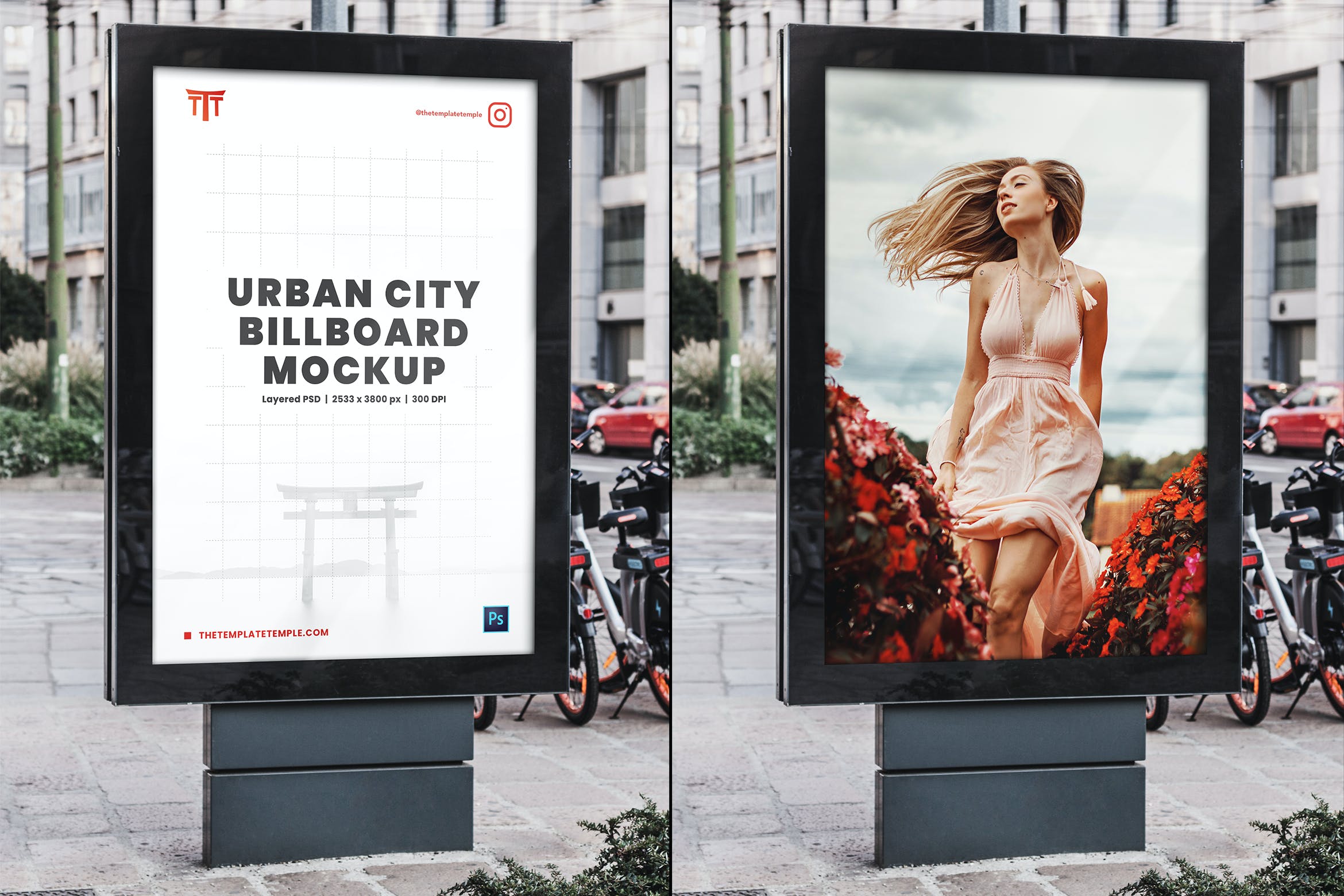 城市街道落地广告牌设计样机v6 Urban City Billboard Mockup 06