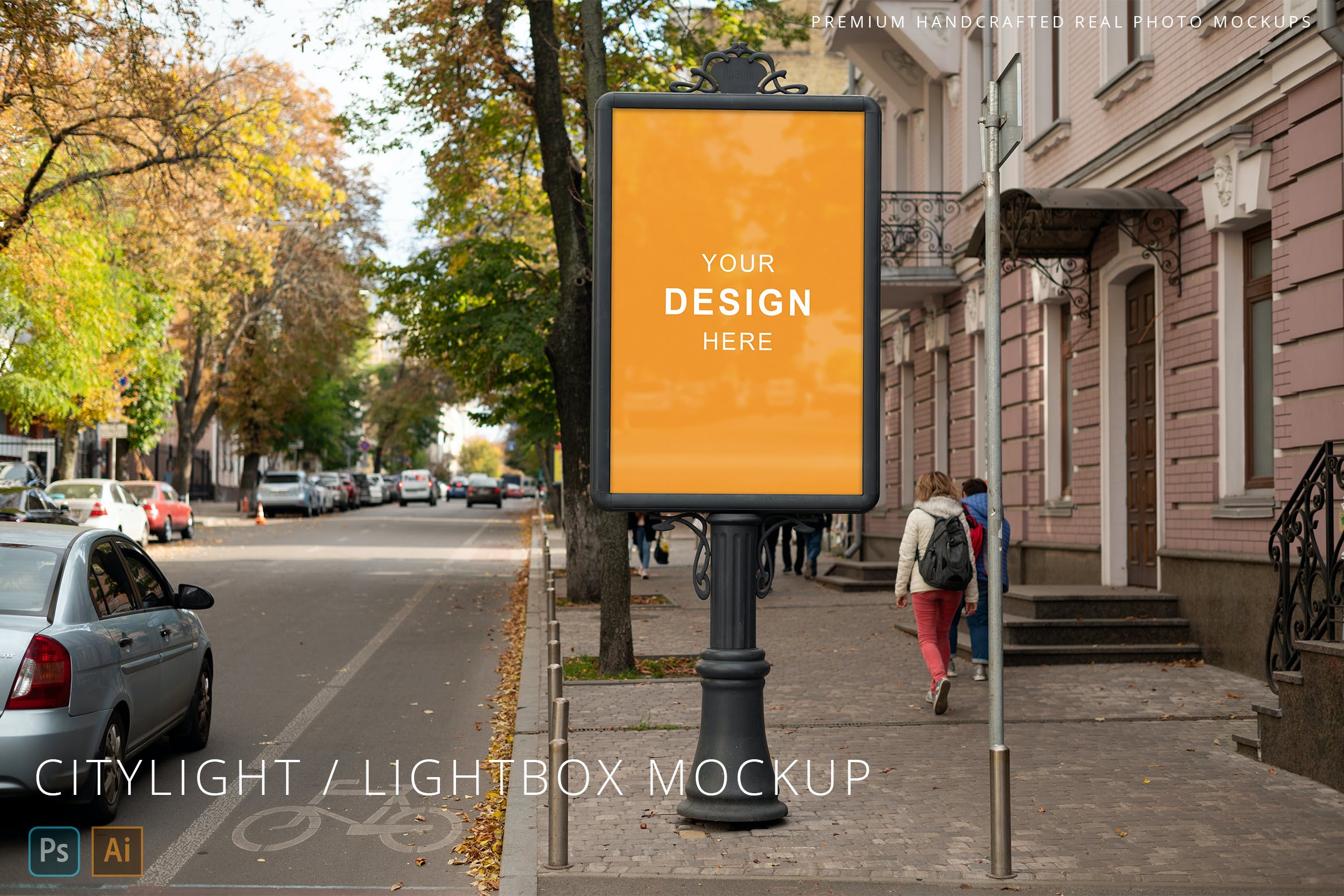 秋季城市街道灯箱广告海报展示样机v1 Citylight / Lightbox Poster Autumn Street Mockup