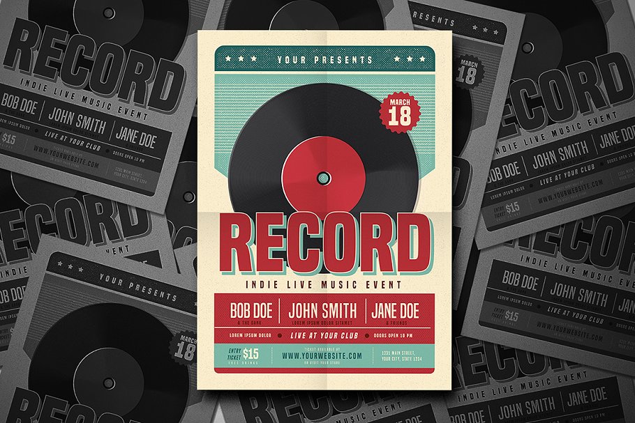 经典音乐海报设计模板 Retro Vinyl Music Flyer